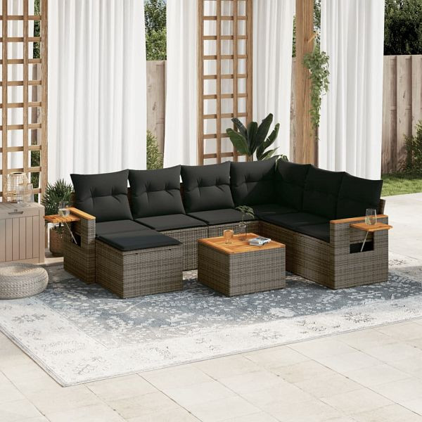 vidaXL 8-teilig Garten-Sofagarnitur mit Kissen Grau Poly Rattan, 3227054
