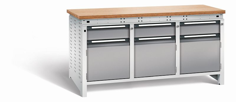Otto Kind Werkbank Serie function Typ 309, Multiplexplatte 40 mm, bündig, 2x Unterbau + mittleres Feld, Gehäuse RAL 7035, Front RAL 7037, 072364167