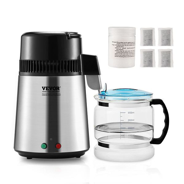VEVOR Wasser-Destilliergerät, 4 L Gereinigtes Reiniger Filter, 750 W Destilliertes Maker, Edelstahl Innenraum, Silber Haushalt 1 l/h, BXGZLSJYS4LD2TK5LV2