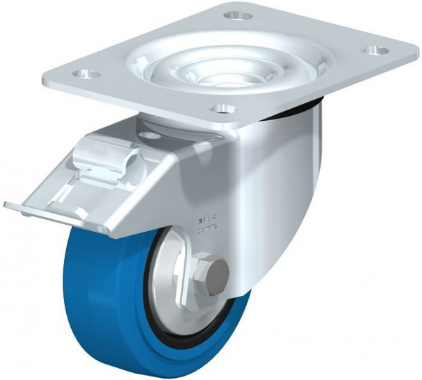 Blickle LK-POEV 100K-3-FI-SB-FA Stahlblech-Lenkrolle, schwere Ausführung, mit Anschraubplatte & Feststeller, Elastik-Vollgummi, Blau, 750319