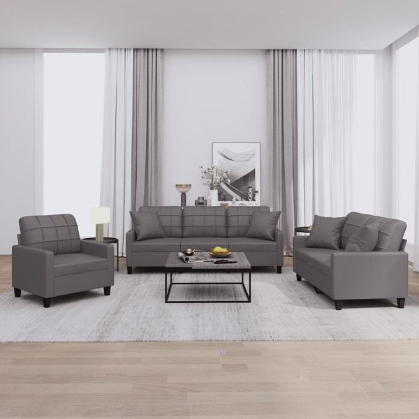 vidaXL 3-teilig Sofagarnitur mit Kissen Grau Kunstleder, 3201350