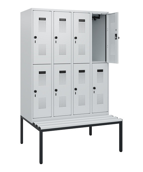 C+P Doppelstöckiger Spind Evolo PLUS, Bank, 8 Fächer, 1950x1200x815mm, 7035/7035, Drehriegel, Sitzfläche Kunststoff, Sitzbank, 0493505-40 S10106