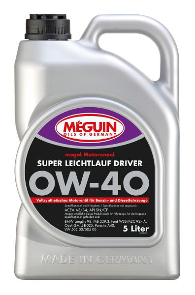 Meguin megol Motorenöl Super Leichtlauf DRIVER SAE 0W-40, Kanister Kunststoff, VE: 5 Liter, 4895