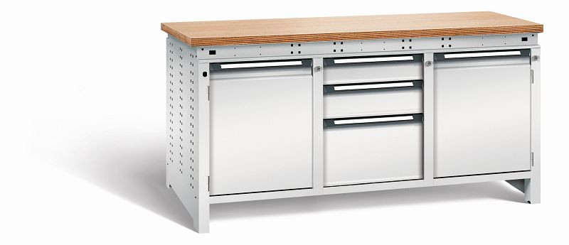 Otto Kind Werkbank Serie function Typ 310, Multiplexplatte 40 mm, bündig, 2x Unterbau + mittleres Feld, komplett RAL 7035, 072365117