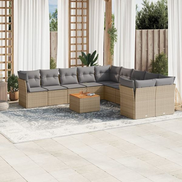 vidaXL 11-tlg. Garten-Sofagarnitur mit Kissen Beige Poly Rattan, 3223854