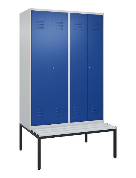 C+P Umkleidespind Classic PLUS, Doppel-Spind, 4 Abteile, 2120x1200x815mm, 7035/5010, Zylinderschlösser, mit untergebauter Sitzbank, 0800527-40P S10018