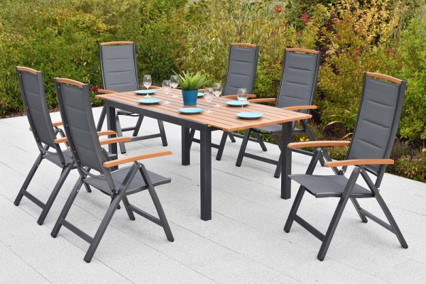 Merxx Tino Set 7-teilig, 6 Tino Klappsessel, gepolstert, 1 Ausziehtisch 150 (200) x 90 cm, folierte Tischplatte in Holzoptik, 51091-309