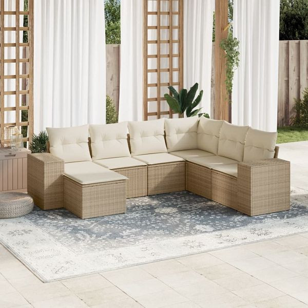 vidaXL 7-teilig Garten-Sofagarnitur mit Kissen Beige Poly Rattan, 3222897