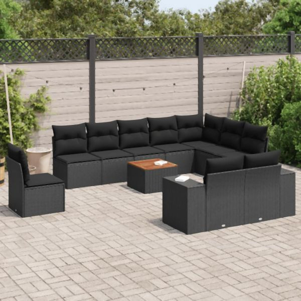 vidaXL 11-tlg. Garten-Sofagarnitur mit Kissen Schwarz Poly Rattan, 3257826