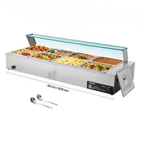VEVOR Speisenwärmer, 8 x 1/2 Behälter, 1,7 kW Edelstahl mit Glasabdeckung & Suppenkelle, für Catering Restaurant Party, SYSPBWQ812FS6N0V9002V2