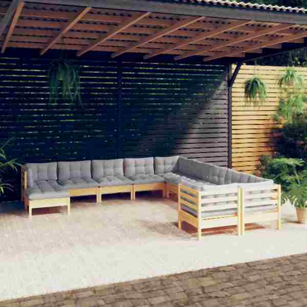 vidaXL 11-tlg. Garten-Lounge-Set mit Grauen Kissen Kiefernholz, 3097054