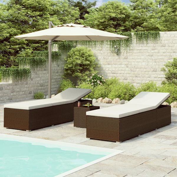 vidaXL 3-teilig Garten-Sonnenliegen mit Teetisch Poly Rattan Braun, 3057663