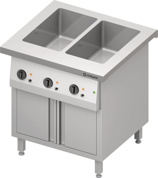 Stalgast Edelstahl Bain-Marie-Station "Free Flow" 2x GN1/1-Becken, mit Wärmeschrank und Flügeltüren, 799x750x880 mm Granitabdeckung "Standard G1", FF08216