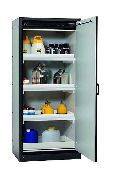 asecos Sicherheitsschrank Q-CLASSIC-30, Q30.195.086.WDR in enzianblau RAL 5010 mit 3x Wannenboden Standard (Polypropylen), 31009-067-30051