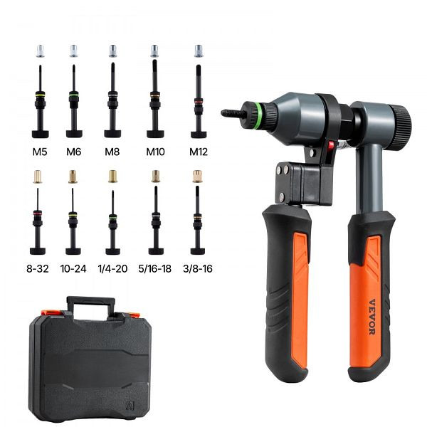 VEVOR Nietmutternzange Set 21 cm, mit 10 Dornen & 100 Muttern M5-M12, SAE-Größen, inkl. Tragekoffer, MLMQSDJLSSBS9UBEW001V0