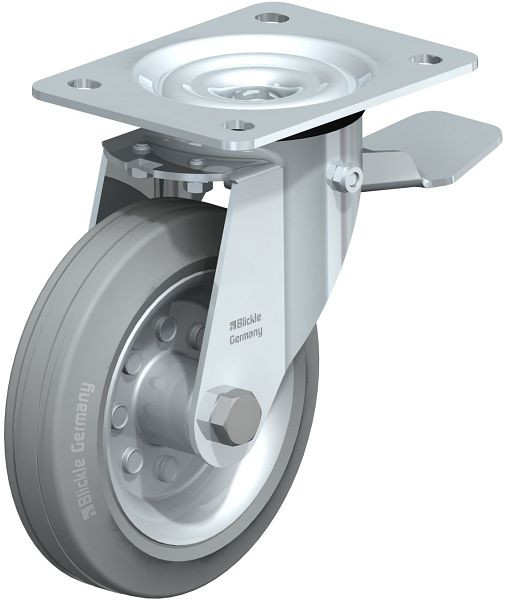 Blickle LE-VE 150R-ST-SG Stahlblech-Lenkrolle mit Anschraubplatte & Feststeller, Vollgummi, Grau, 670125