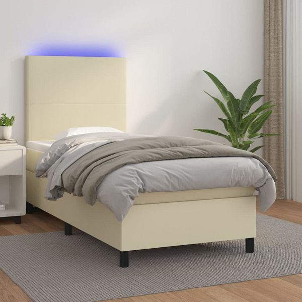 vidaXL Boxspringbett mit Matratze & LED Creme 90x200 cm Kunstleder, 3135803, 8720287393276
