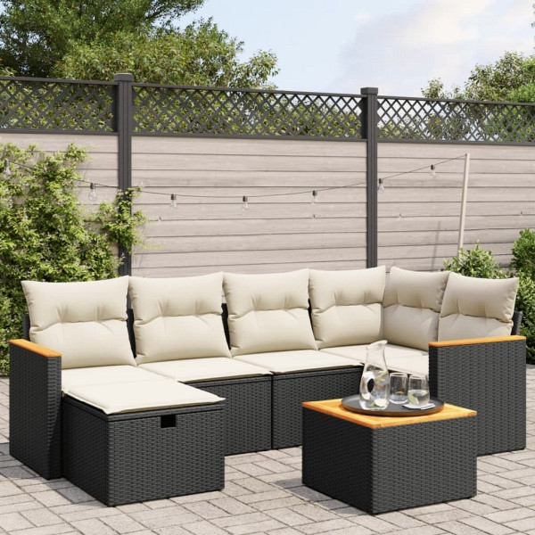 vidaXL 7-tlg. Garten-Sofagarnitur mit Kissen Schwarz Poly Rattan, UV-beständig, 3265305