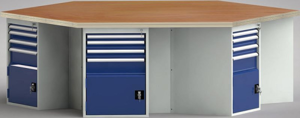KLW Standard-Werkbank in Sechseckform mit Buchen-Multiplexplatte in 6-Eck-Form 2338 x 2700 x 40 mm L x B x S, WS620N-1350M40-E8016