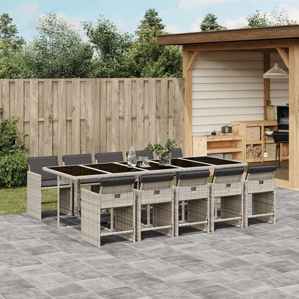 vidaXL 11-teilig Garten-Essgruppe mit Kissen Hellgrau Poly Rattan, 3211115