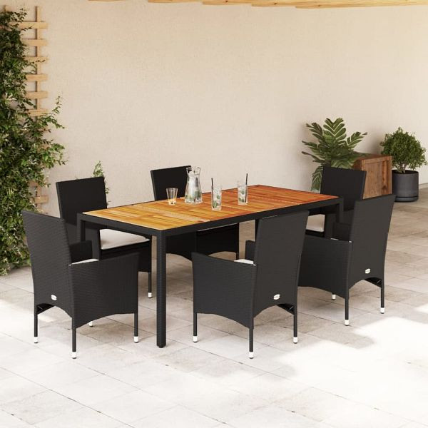 vidaXL 7-teilig Garten-Essgruppe mit Kissen Schwarz Poly Rattan Akazie, 3278667