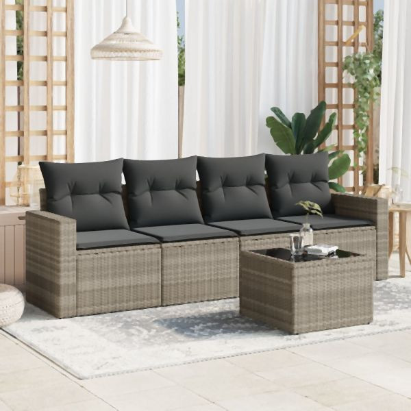 vidaXL 5-tlg. Garten-Sofagarnitur mit Kissen Hellgrau Poly Rattan, 3251029