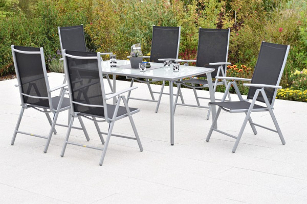 Merxx Amalfi Set 7-teilig, 6 Amalfi Klappsessel, Rückenlehne verstellbar, 1 Tisch 150 x 90 cm, matte Glasplatte, Silber/schwarz, 50879-317