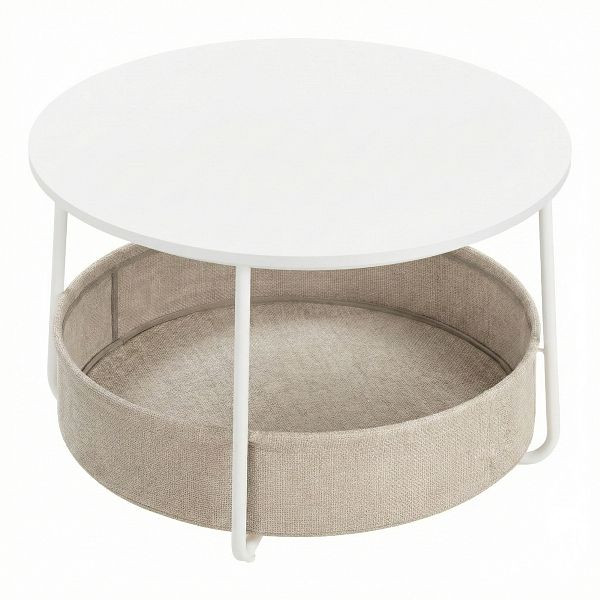 VASAGLE Couchtisch mit Stauraum, runder Mitteltisch für das Wohnzimmer mit Stoffkorb, moderner Stil, Metallrahmen, mattweiß und kamelbraun, LCT244W10