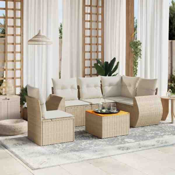 vidaXL 6-tlg. Garten-Sofagarnitur mit Kissen Beige Poly Rattan, UV-beständig, 3257339