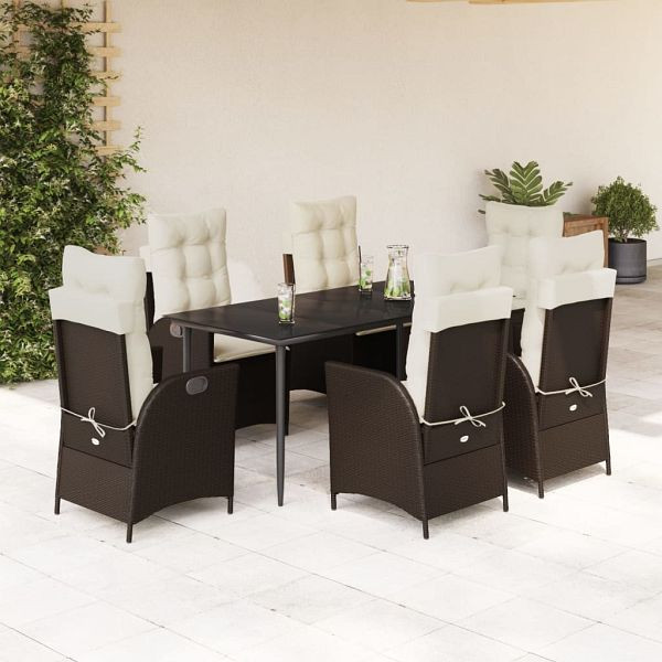 vidaXL 7-teilig Garten-Essgruppe mit Kissen Braun Poly Rattan, 3213199