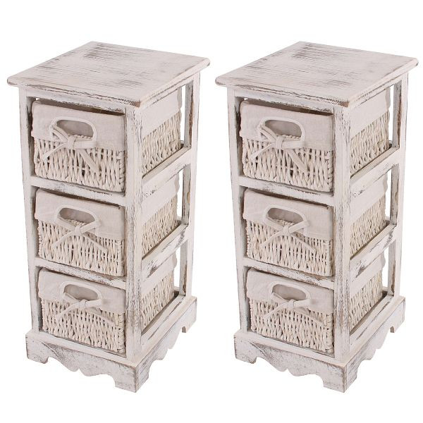 Mendler 2er-Set Regal Kommode mit 3 Korbschubladen 58x25x28cm, Shabby-Look, Vintage, weiß, 30436