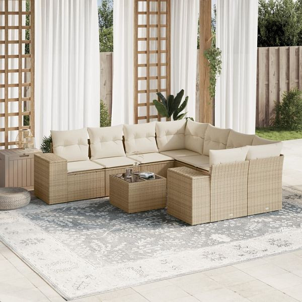 vidaXL 9-teilig Garten-Sofagarnitur mit Kissen Beige Poly Rattan, 3222357