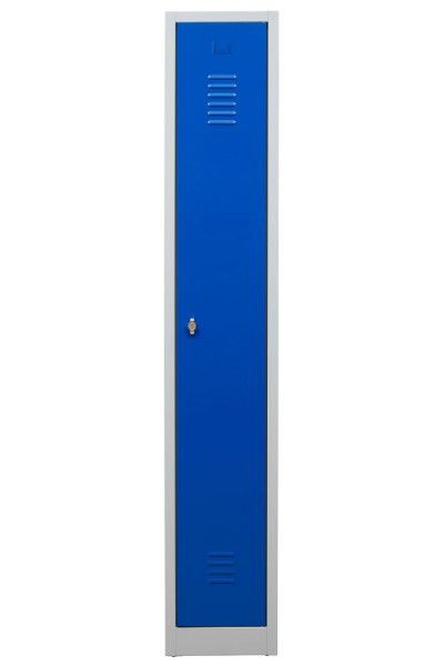Gürkan Garderobenschrank, 50 x 30 x 180 cm, Lichtgrau, Enzianblau, Vorhangschloss, Hutboden & Kleiderhaken, WRC/1.1830, 104756