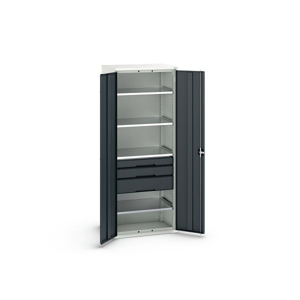bott verso Flügeltürschrank mit Schubladen, mit 4 Fachböden und 3 Schubladen, BxTxH: 800 x 550 x 2000 mm, Lichtgrau / Anthrazitgrau, 16926456.19