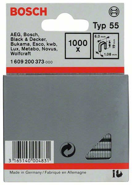 Bosch Schmalrückenklammer Typ 55, 6 x 1,08 x 19 mm, 1000er-Pack, 1609200373