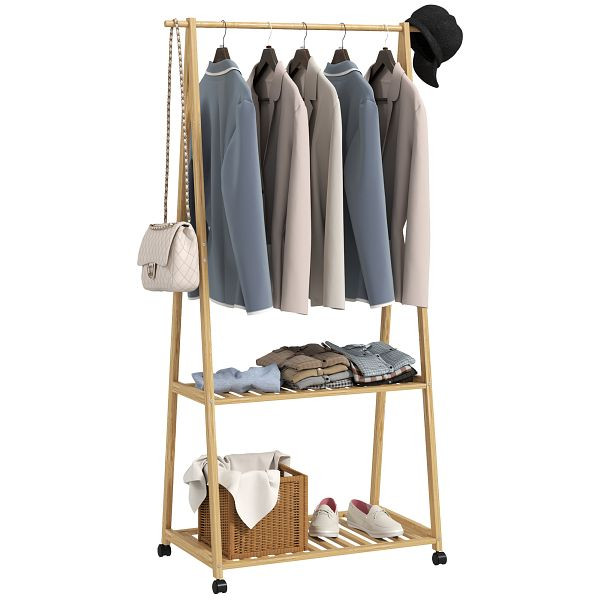 HOMCOM Kleiderständer, 2 untere Regale, 67 cm lange Kleiderstange, Bambusholz, Rollen, 850-327V00ND