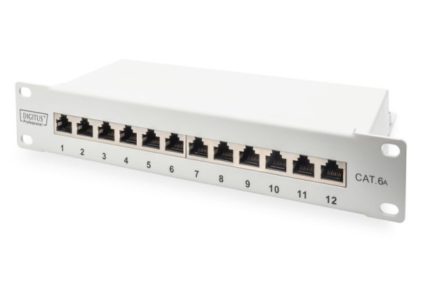 DIGITUS CAT 6A Patch Panel, geschirmt, 12-Port 1HE, 10", Rack Mount, grau RAL 7035, DN-91612S-EA-G