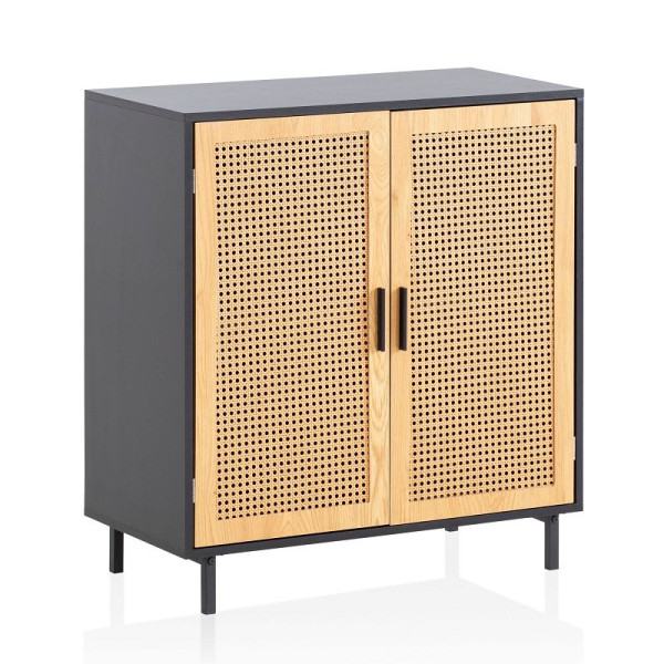 Wohnling Sideboard 80x86,5x40 cm Schwarz mit Wiener Geflecht, Standschrank Wohnzimmer mit 2 Türen, Anrichte Rattan, WL6.828