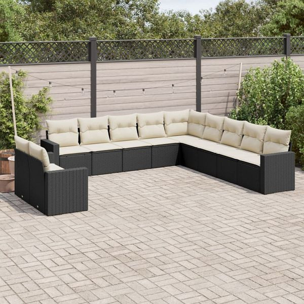 vidaXL 11-tlg. Garten-Sofagarnitur mit Kissen Schwarz Poly Rattan, 3251523