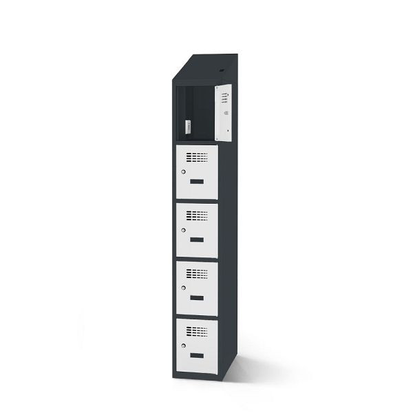 Rotstahl Fächerschrank, 5 Fächer, kurzer Sockel, mit Ladefunktion, Schrägdach, Korpus: anthrazitgrau, Türen: lichtgrau, 2180-010500-0301112-7016-7035
