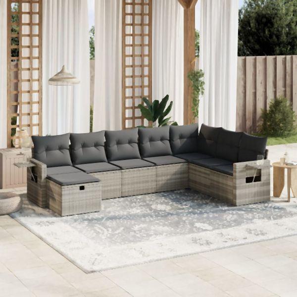 vidaXL 8-tlg. Garten-Sofagarnitur mit Kissen Hellgrau Poly Rattan, 3263898