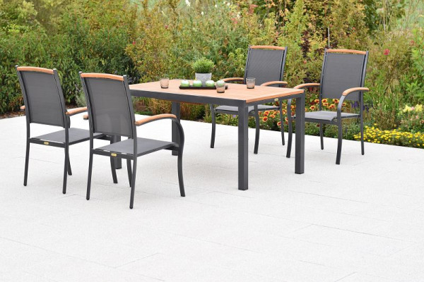 Merxx Siena Set 5-teilig, 4 Siena Stapelsessel mit Applikationen aus Akazienholz, 1 Ausziehtisch, 150 (200) x 90 cm cm, graphit/grau, 51011-309