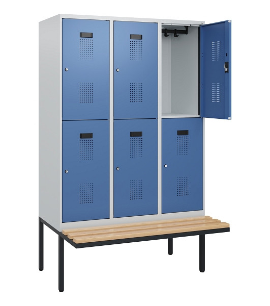 C+P Doppelstock-Spind Evolo PLUS, Bank, 6 Fächer, 1950x1200x815mm, 7035/5023, Zylinderschloss, Sitzfläche Buche-Hartholz, 0493405-32 S10033