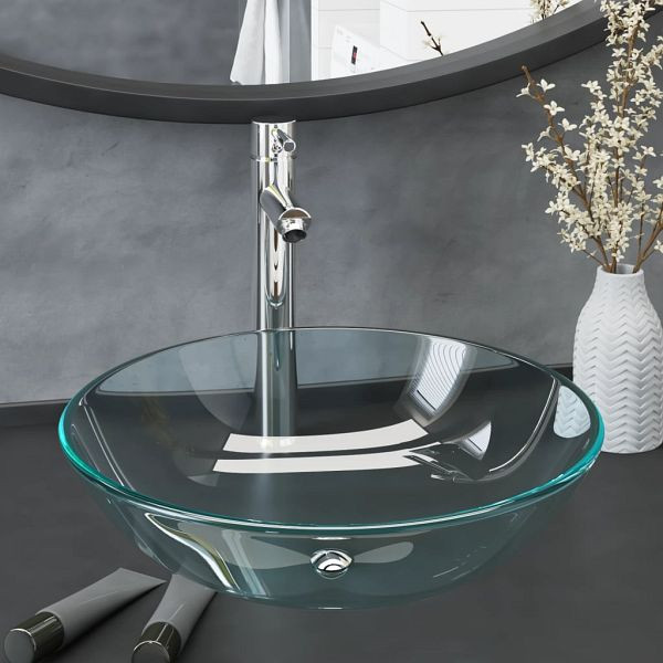 vidaXL Waschbecken mit Armatur und Ablaufgarnitur Hartglas, 3098439