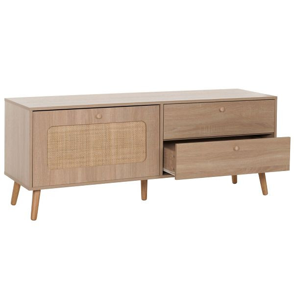 Mendler TV-Rack HWC-M38, Lowboard Fernsehtisch TV-Schrank Kommode, Schublade Türe, Kubu Rattan Holz 56x140x41cm Eiche-Optik, 104208+107172