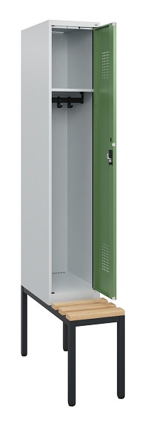 C+P Spind Evolo PLUS, 1 Abteil, 1950x300x815mm, 7035/6011, Zylinderschloss, Sitzfläche Holz, Sitzbank, 0490505-10 S10037