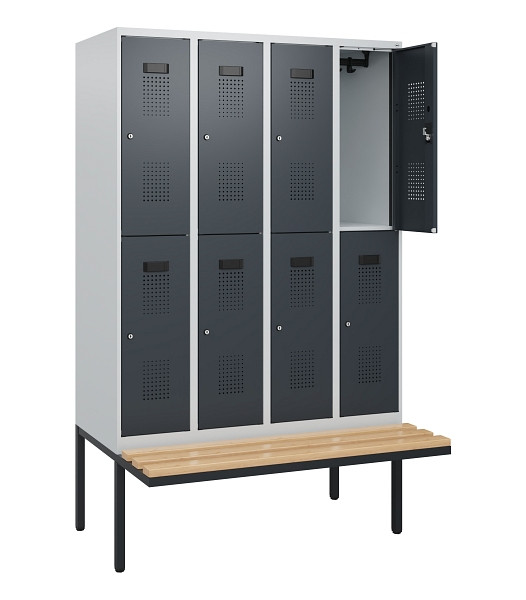 C+P Doppelstock-Spind Evolo PLUS, Bank, 8 Fächer, 1950x1200x815mm, 7035/7016, Zylinderschloss, Sitzfläche Buche-Hartholz, 0493405-40 S10039