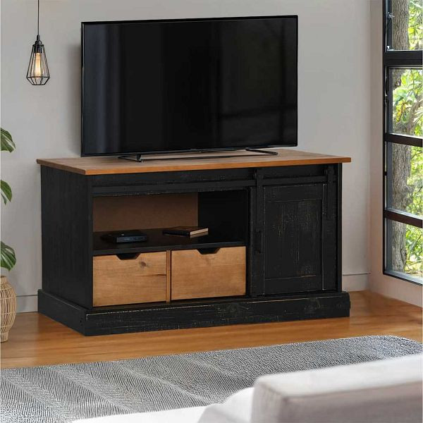 vidaXL TV-Schrank HALDEN mit Schiebetür Schwarz 110x40x60cm Massivholz, 4018412