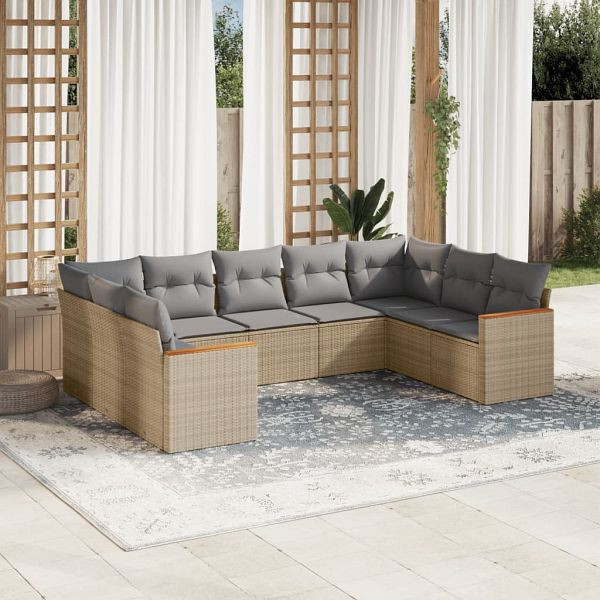 vidaXL 9-teilig Garten-Sofagarnitur mit Kissen Beige Poly Rattan, 3258678