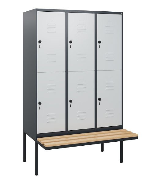 C+P Doppelstöckiger Spind Classic PLUS, 3 Abteile, 1950x1200x815mm, 7016/7035, Drehriegel, Sitzleisten aus Buche, schwebende Sitzfläche, 0803405-32 S10013